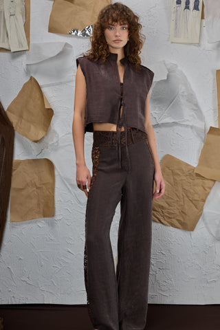 Kahve crop kaftan yelek detay görünümü